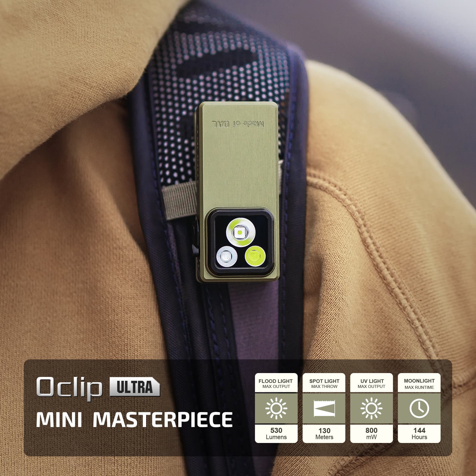 Olight Oclip Ultra ist an einem Rucksacktr&auml;ger befestigt