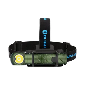 Olight green rechargeable LED headlamp with adjustable black and blue elastic headband on white background