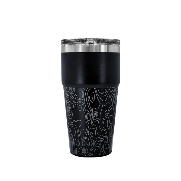 Black insulated tumbler with topographic map design and clear lid.
