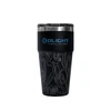 Black Olight travel tumbler with blue logo and silver topographic map design.