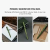 Olight Green Open 3 penlight with USB-C charging in three scenarios: on a notebook outdoors, on a case, and in a car for versatile power.