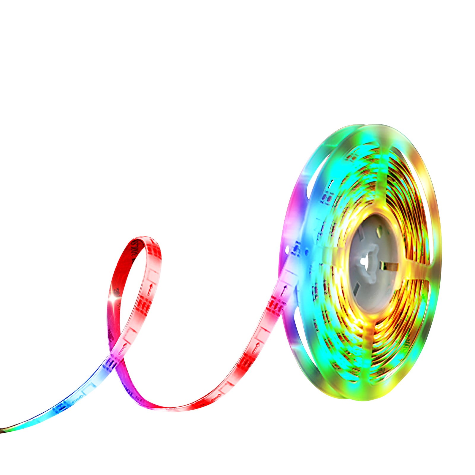 Spool of vibrant multicolor RGB LED strip light glowing with bright neon colors isolated on white background