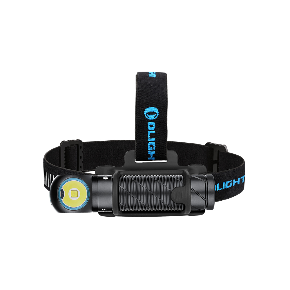 Olight black rechargeable LED headlamp with adjustable elastic headband, isolated on a white background.