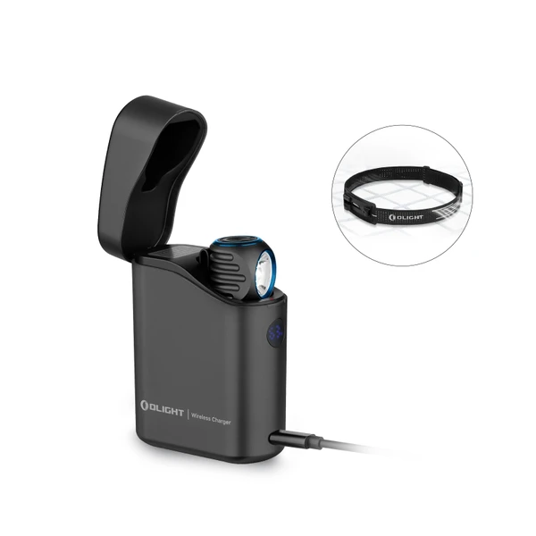 Olight black Perun 3 Mini and Baton 4 Premium with wireless charger and headband for outdoor activities