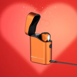 Olight Orange Baton 4 Premium Charger with Perun 3 Mini on Top, Charging on Red Background, for Valentine's Day Gift