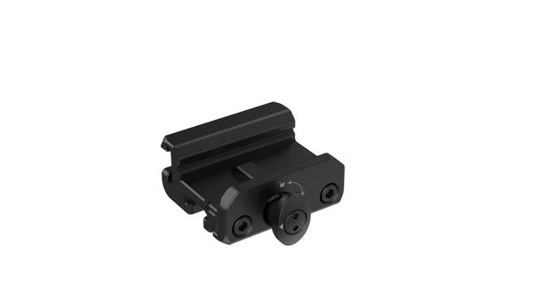 Black quick release Picatinny rail mount adapter with locking knob isolated on white background