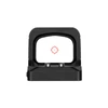 Red dot reflex sight with a red reticle on a white background, isolated.