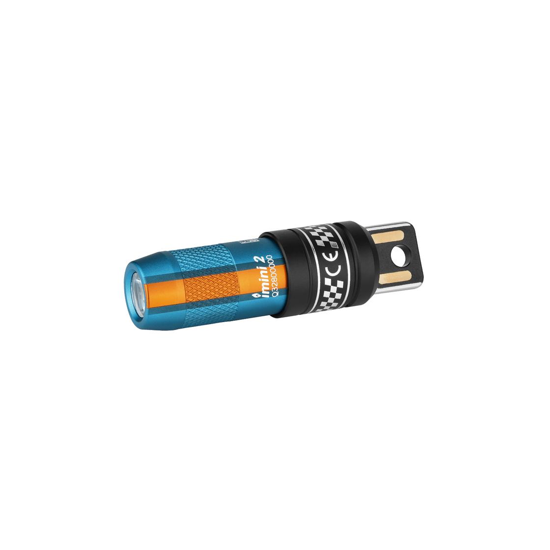 Olight Blue Imini 2 Keychain Light Side View with USB Charging and Knurled Body for Everyday Carry