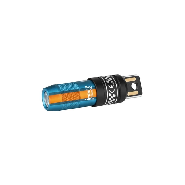 Olight Blue Imini 2 Keychain Light Side View with USB Charging and Knurled Body for Everyday Carry