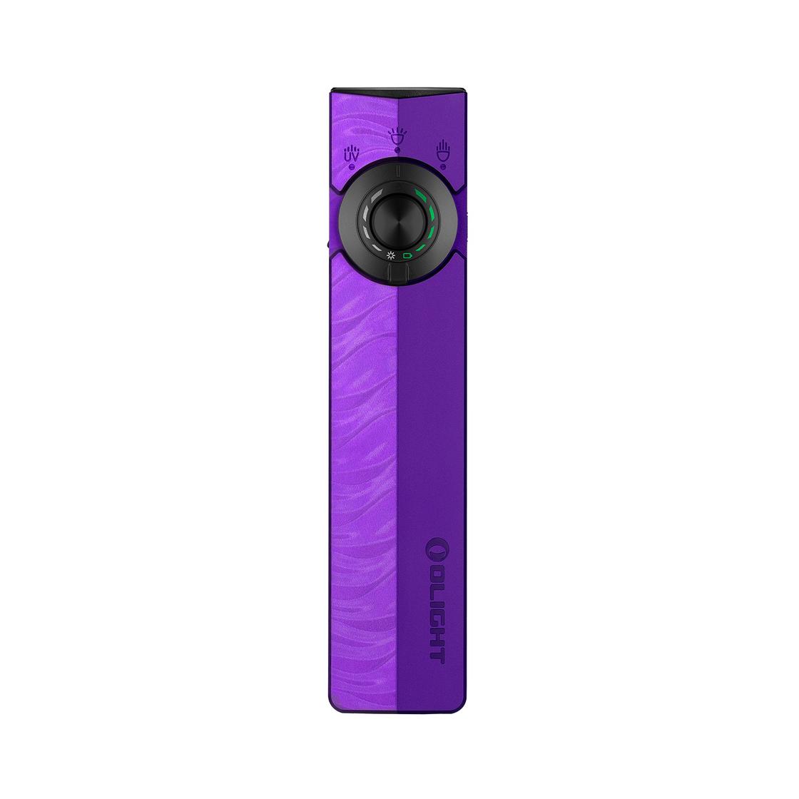 Olight Purple ArkPro Flat Flashlight Front View with Laser UV Light Dial for EDC and Outdoor Use