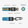 Olight blue Imini 2 keychain light exploded view with aluminum body, magnetic cap, USB plug, and charging indicator.