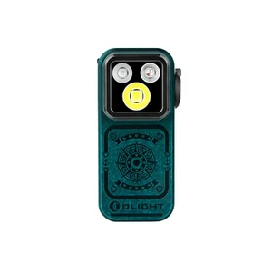 Olight Green Oclip Pro front view with multi-beam lighting and textured compass design for everyday carry and utility.