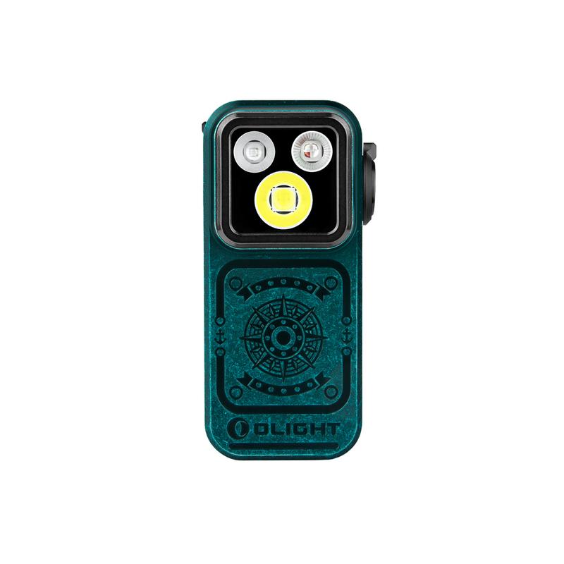 Olight Green Oclip Pro front view with multi-beam lighting and textured compass design for everyday carry and utility.