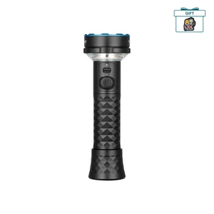 Powerful black LED flashlight with a textured grip, blue bezel, and multiple light modes for outdoor use