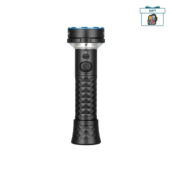 Powerful black LED flashlight with a textured grip, blue bezel, and multiple light modes for outdoor use