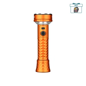 Orange LED flashlight with diamond texture grip, multi-lens head, and dual control switches for tactical use