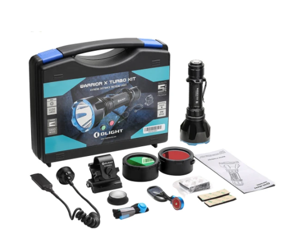 Olight Warrior X Turbo Kit: extreme distance tactical flashlight, case, weapon mount, remote switch, and filters.