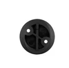 Black circular plastic component with two mounting holes and central cross pattern.