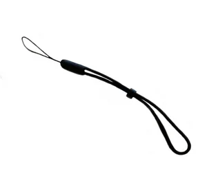 Black camera wrist strap with adjustable cord lock on white background