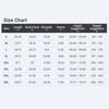 Apparel size chart with length, bust, shoulder, sleeve, height, and weight measurements in inches and pounds.