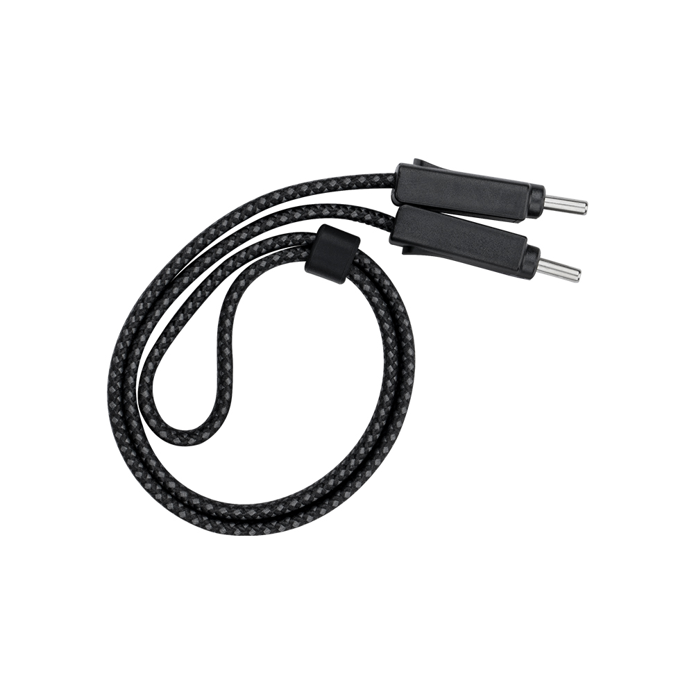 Black braided hearing aid lanyard with dual plastic clips and metal pins isolated on white background