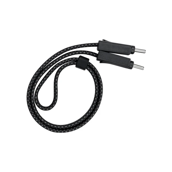 Black braided hearing aid lanyard with dual plastic clips and metal pins isolated on white background