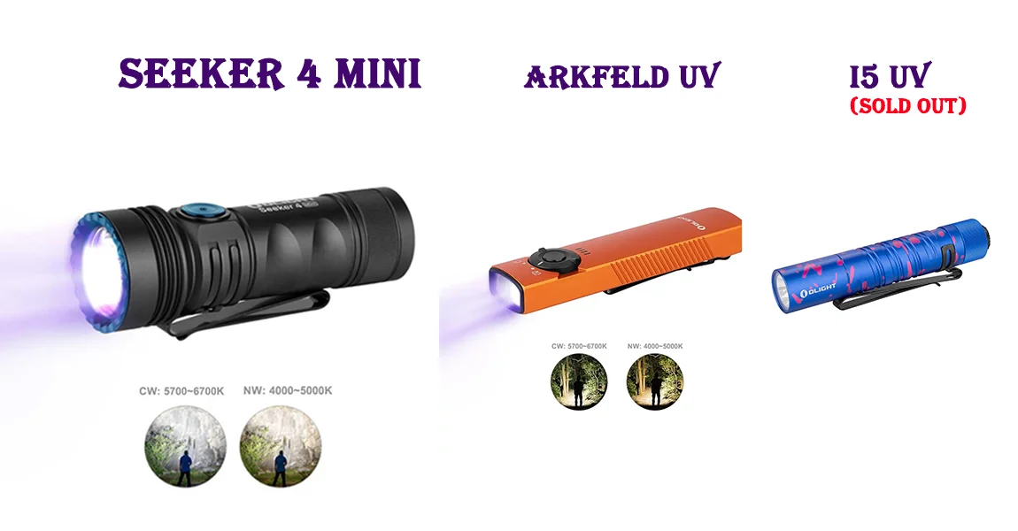 Three flashlights: Seeker 4 Mini, Arkfeld UV, and I5 UV (sold out), showing different color temperatures.