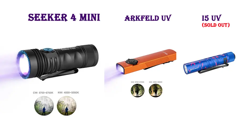 Three flashlights: Seeker 4 Mini, Arkfeld UV, and I5 UV (sold out), showing different color temperatures.