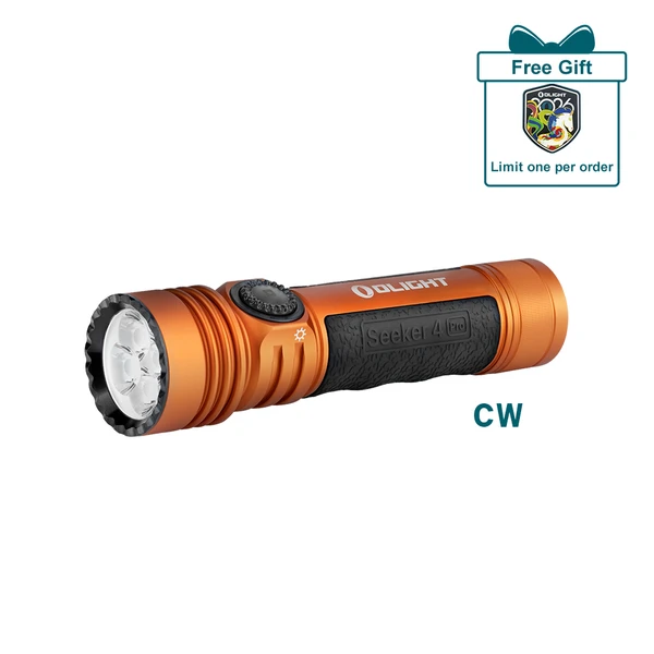 Olight Orange Seeker 4 Pro LED Flashlight with textured grip for professional and outdoor use