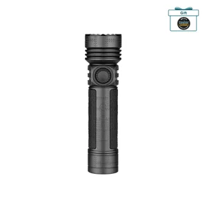 Olight Black Seeker 4 Pro Flashlight Front View with Textured Grip and Rotary Switch Knob for Outdoor Search Rescue
