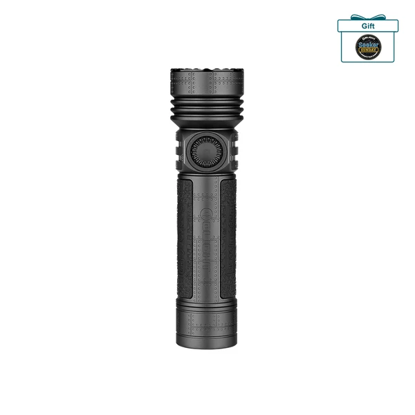Olight Black Seeker 4 Pro Flashlight Front View with Textured Grip and Rotary Switch Knob for Outdoor Search Rescue