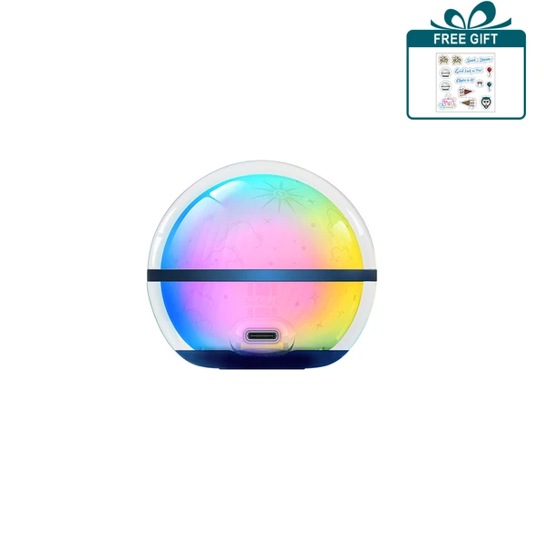 Colorful sphere with rainbow gradient, cloud patterns, and a USB-C port at the bottom, plus a free gift of stickers.