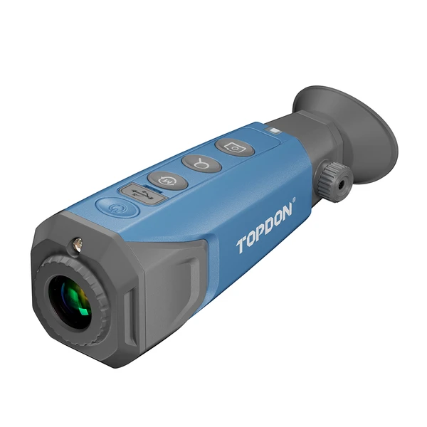 TOPDON thermal monocular camera, blue and gray, buttons and eyepiece visible, white background
