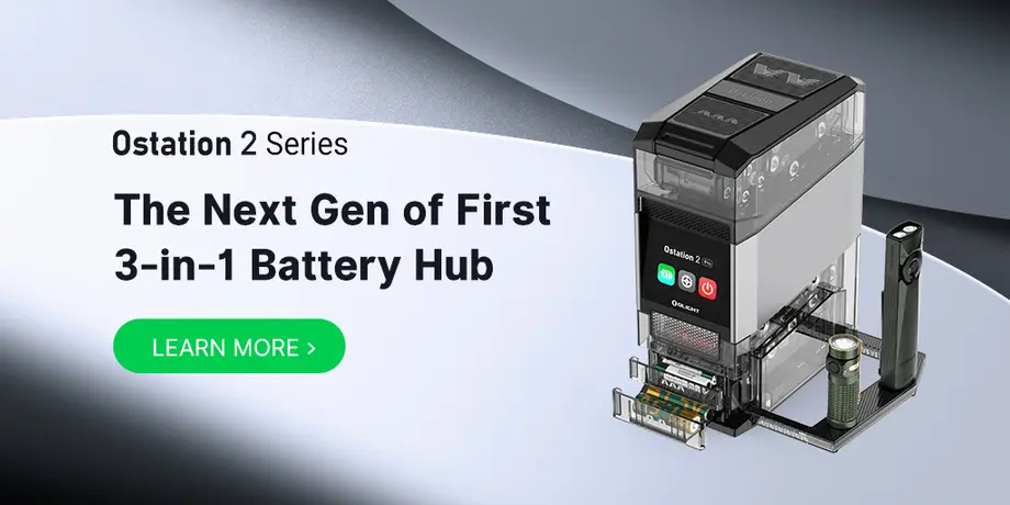 Olight Ostation 2 Series next-gen 3-in-1 battery hub for organizing, charging, and storing batteries, shown with two flashlights.