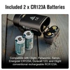 Two CR123A lithium batteries for an Olight flashlight, compatible with Panasonic, Energizer, Duracell 123, RCR123A.