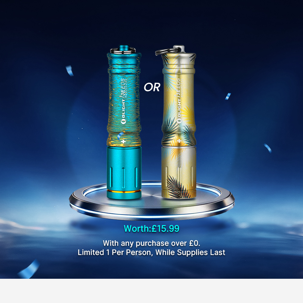 Two Olight i3E EOS keychain flashlights in blue and gold patterned finishes on a display podium for a promotional giveaway