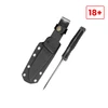 Black tactical fixed blade knife with textured handle and heavy-duty Kydex sheath on white background