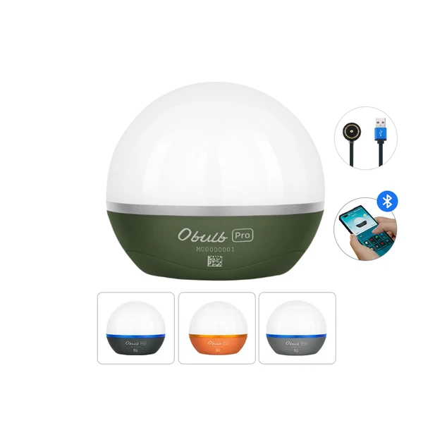 Olight Obulb Pro green smart orb light with USB charging cable and Bluetooth app control features