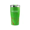 Olight green insulated stainless steel tumbler with red splatter pattern and clear lid on white background