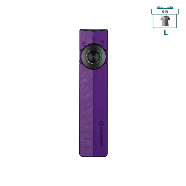 Purple Olight Arkfeld Pro flat flashlight with laser UV LED light and rotary switch on white background
