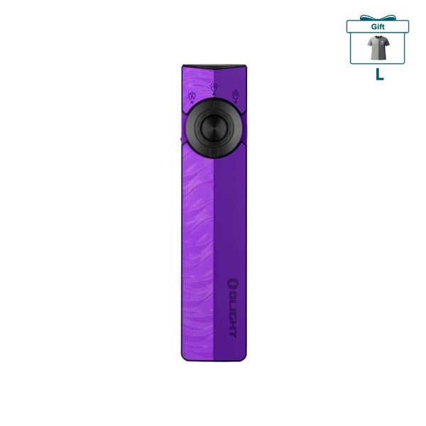 Olight Arkfeld Pro purple flat EDC flashlight with UV and laser features on a white background.