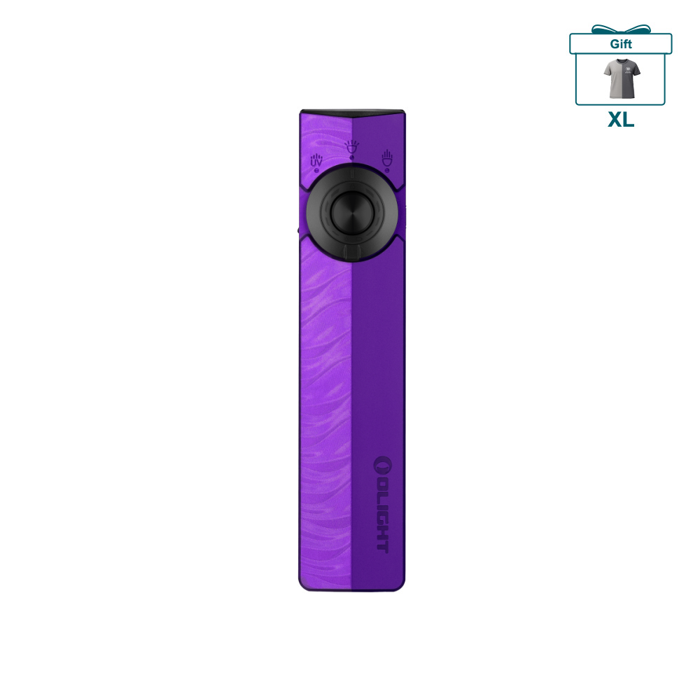 Olight Purple ArkPro Flat EDC Flashlight Front View with Laser UV and LED Selector for Daily Carry and Inspection