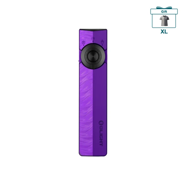 Olight Purple ArkPro Flat EDC Flashlight Front View with Laser UV and LED Selector for Daily Carry and Inspection
