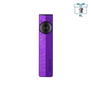 Olight purple Arkfeld flat EDC flashlight with UV light and free XL t-shirt gift icon.