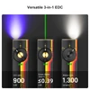 Versatile 3-in-1 EDC tool displaying UV light, green beam, and white light with specifications.