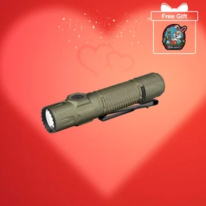 Olight flashlight with free bunny sticker, on a red background with hearts and sparkles.