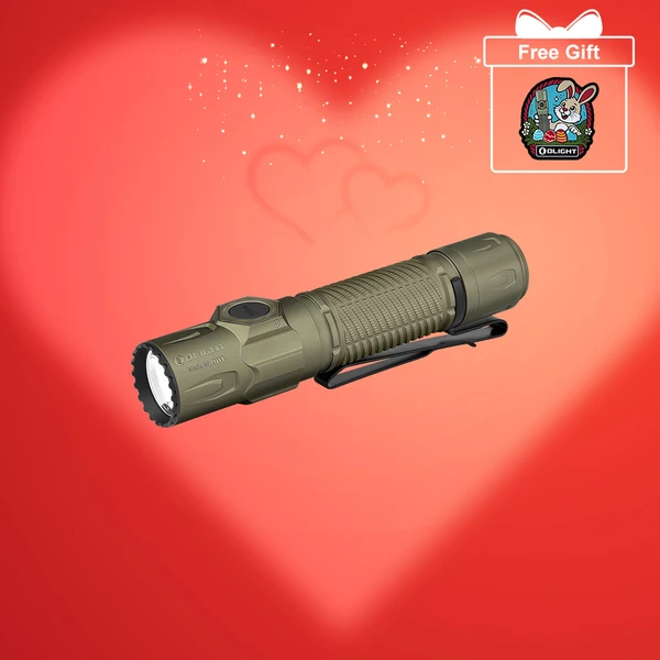 Olight flashlight with free bunny sticker, on a red background with hearts and sparkles.