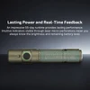 Olight tactical flashlight with green LED indicator displaying battery level and brightness status.of
