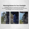 Three tactical canvas flashlights holsters in desert tan, navy blue, and OD green attached to belts.