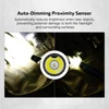 Flashlight auto-dimming proximity sensor demonstration showing brightness reduction near objects to prevent damage.